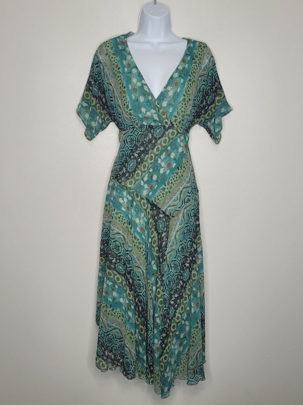 Dressbarn green tones mixed print grunge fairy garden party dress size 8